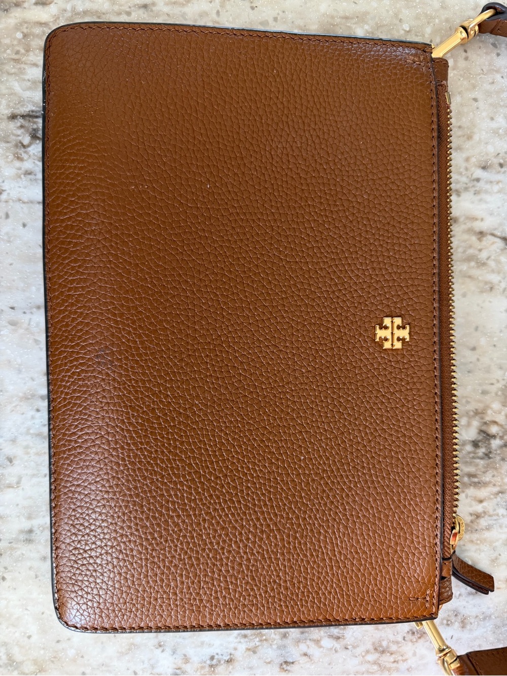 Tory Burch Brown Pebbled Leather Double-Zip Crossbody with Gold Hardware - Picture 2 of 8